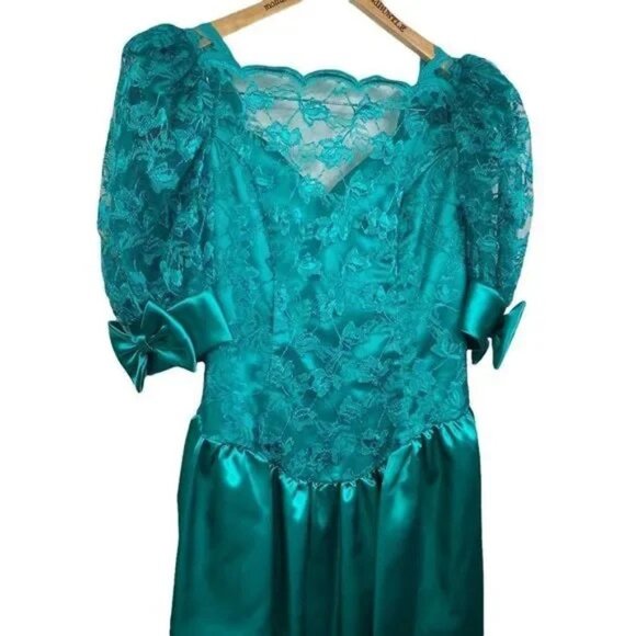 VINTAGE 80'S ILGWU UNION MADE WORKERS UNION TEAL/TURQUOISE FORMAL BOW DRESS 9 - Picture 6 of 16